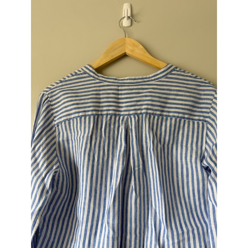 L.L. Bean Linen Tunic Blouse M Blue White Striped Split V-Neck 504808 - Picture 10 of 11
